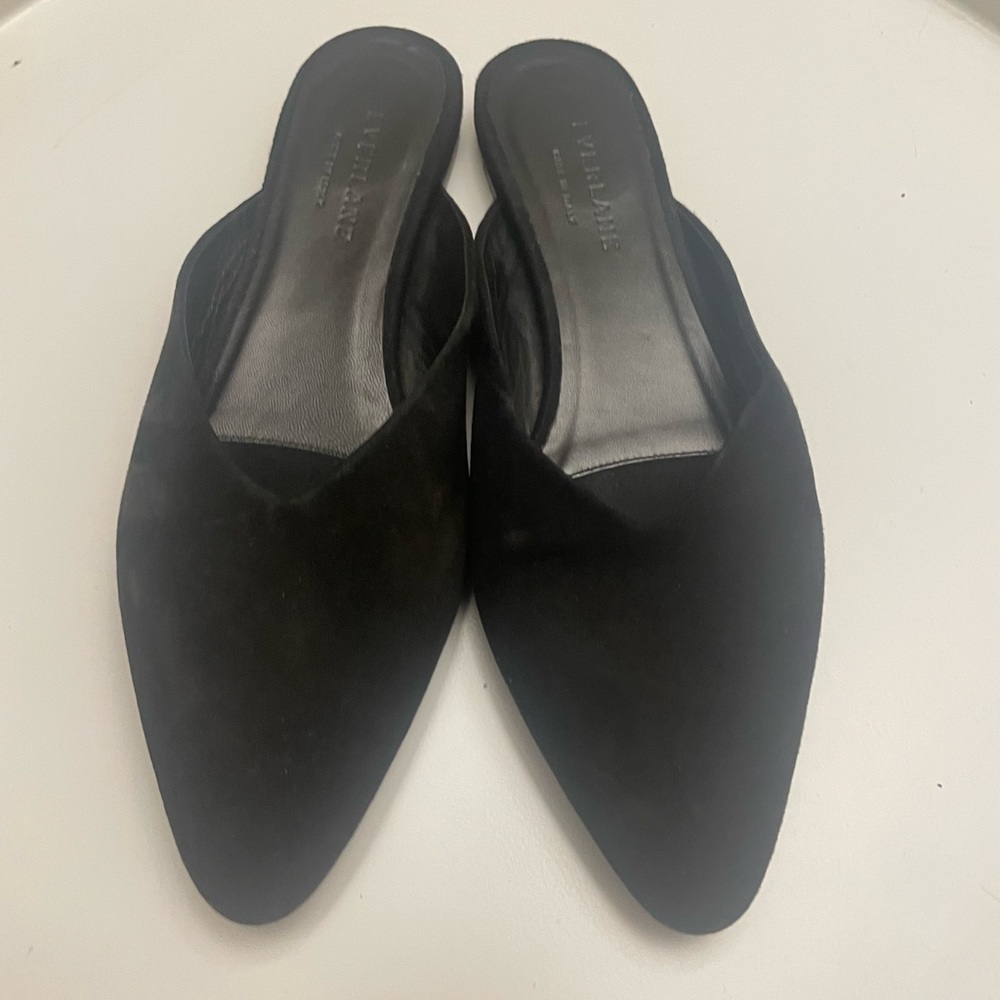 Everlane black suede mules